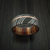 Damascus Steel and 14k Rose Gold Ring with Hazelnut Hardwood Sleeve Custom Made Band