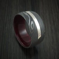 Damascus Steel and 14k White Gold Ring with Red Heart Hardwood Sleeve Custom Made Band