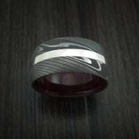 Damascus Steel and 14k White Gold Ring with Red Heart Hardwood Sleeve Custom Made Band