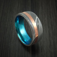 Damascus Steel Ring with Copper Inlay and Anodized Titanium Interior Sleeve Custom Made Band