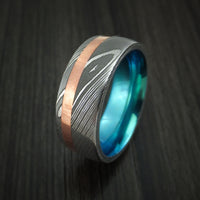 Damascus Steel Ring with Copper Inlay and Anodized Titanium Interior Sleeve Custom Made Band