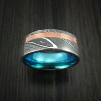 Damascus Steel Ring with Copper Inlay and Anodized Titanium Interior Sleeve Custom Made Band