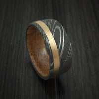 Damascus Steel Band with 14k Yellow Gold and Jack Daniels Whiskey Barrel Wood Sleeve Custom Made