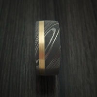 Damascus Steel Band with 14k Yellow Gold and Jack Daniels Whiskey Barrel Wood Sleeve Custom Made