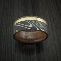 Damascus Steel Band with 14k Yellow Gold and Jack Daniels Whiskey Barrel Wood Sleeve Custom Made