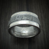 Damascus Steel Men's Ring with Meteorite and Gold Custom Made Band