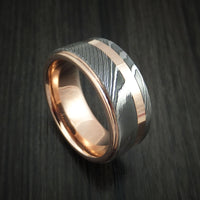 Damascus Steel 14K Rose Gold Ring Wedding Band with Gold Inlay