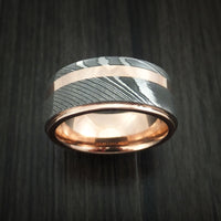 Damascus Steel 14K Rose Gold Ring Wedding Band with Gold Inlay