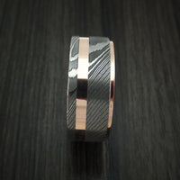 Damascus Steel 14K Rose Gold Ring Wedding Band with Gold Inlay