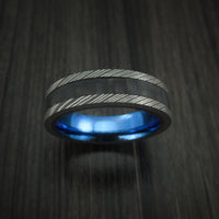 Damascus Steel and Carbon Fiber Ring Custom Made Band with Anodized Blue Titanium Interior