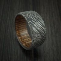 Damascus Steel Tree Bark Carved Ring with Walnut Hardwood Custom Made Band