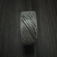 Damascus Steel Tree Bark Carved Ring with Walnut Hardwood Custom Made Band