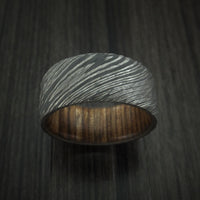Damascus Steel Tree Bark Carved Ring with Walnut Hardwood Custom Made Band