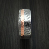 Damascus Steel Band with Hammered 14k Rose Gold and Zebrawood Wood Sleeve Custom Made