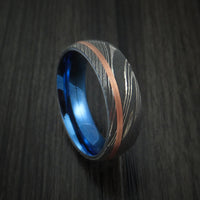 Damascus Steel Ring with Copper Inlay and Anodized Titanium Interior Sleeve Custom Made Band