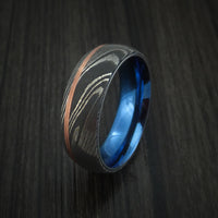 Damascus Steel Ring with Copper Inlay and Anodized Titanium Interior Sleeve Custom Made Band