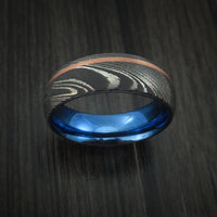 Damascus Steel Ring with Copper Inlay and Anodized Titanium Interior Sleeve Custom Made Band