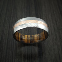 Damascus Steel Band with Hammered 14k Rose Gold and Bocote Wood Sleeve Custom Made