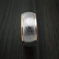 Damascus Steel and 14K Rose Gold Band with Hazelnut Hardwood Sleeve Custom Made Ring