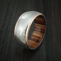 Damascus Steel and 14K Rose Gold Band with Hazelnut Hardwood Sleeve Custom Made Ring