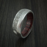 Damascus Steel Ring with Gibeon Meteorite and Red Heart Wood Hardwood Sleeve Custom Made Band