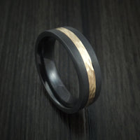 Black Titanium or Black Zirconium Custom Men's Ring with a Hammered 14k Yellow Gold Inlay