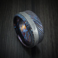 Kuro-Ti Heat-Treated Titanium Damascus Men's Ring with Meteorite Inlay Custom Made Band