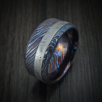 Kuro-Ti Heat-Treated Titanium Damascus Men's Ring with Meteorite Inlay Custom Made Band