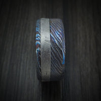 Kuro-Ti Heat-Treated Titanium Damascus Men's Ring with Meteorite Inlay Custom Made Band