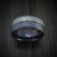 Kuro-Ti Heat-Treated Titanium Damascus Men's Ring with Meteorite Inlay Custom Made Band