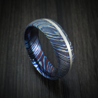 Kuro-Ti Heat-Treated Titanium Damascus Men's Ring with Silver Inlay Custom Made Band
