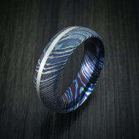 Kuro-Ti Heat-Treated Titanium Damascus Men's Ring with Silver Inlay Custom Made Band