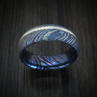 Kuro-Ti Heat-Treated Titanium Damascus Men's Ring with Silver Inlay Custom Made Band