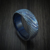 Kuro-Ti Heat-Treated Titanium Damascus Men's Ring with Hardwood Sleeve Custom Made Band