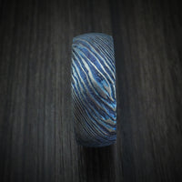 Kuro-Ti Heat-Treated Titanium Damascus Men's Ring with Hardwood Sleeve Custom Made Band