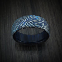 Kuro-Ti Heat-Treated Titanium Damascus Men's Ring with Hardwood Sleeve Custom Made Band