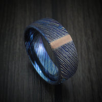 Kuro-Ti Heat-Treated Titanium Damascus Men's Ring with Vertical 14K Gold Inlay Custom Made Band