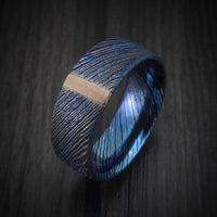 Kuro-Ti Heat-Treated Titanium Damascus Men's Ring with Vertical 14K Gold Inlay Custom Made Band
