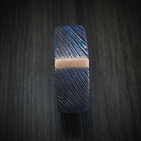 Kuro-Ti Heat-Treated Titanium Damascus Men's Ring with Vertical 14K Gold Inlay Custom Made Band