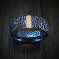 Kuro-Ti Heat-Treated Titanium Damascus Men's Ring with Vertical 14K Gold Inlay Custom Made Band