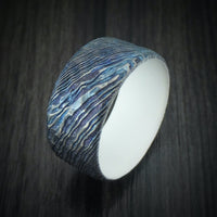 Kuro-Ti Heat-Treated Titanium Damascus Men's Ring Rock Hammer Finish with Cerakote Sleeve Custom Made Band