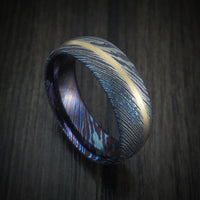 Kuro-Ti Heat-Treated Titanium Damascus Men's Ring with Angled 14K Gold Inlay Custom Made Band