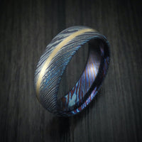 Kuro-Ti Heat-Treated Titanium Damascus Men's Ring with Angled 14K Gold Inlay Custom Made Band