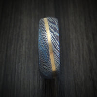 Kuro-Ti Heat-Treated Titanium Damascus Men's Ring with Angled 14K Gold Inlay Custom Made Band