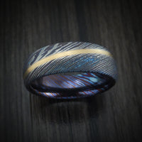 Kuro-Ti Heat-Treated Titanium Damascus Men's Ring with Angled 14K Gold Inlay Custom Made Band