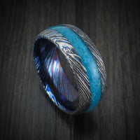 Kuro-Ti Heat-Treated Titanium Damascus Men's Ring with Stone Inlay Custom Made Band