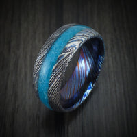 Kuro-Ti Heat-Treated Titanium Damascus Men's Ring with Stone Inlay Custom Made Band