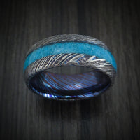 Kuro-Ti Heat-Treated Titanium Damascus Men's Ring with Stone Inlay Custom Made Band
