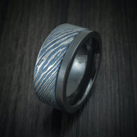 Black Zirconium and Kuro-Ti Heat-Treated Titanium Damascus Men's Ring Custom Made Band