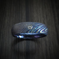 Kuro-Ti Heat-Treated Titanium Damascus Men's Ring with Black Diamond Custom Made Band